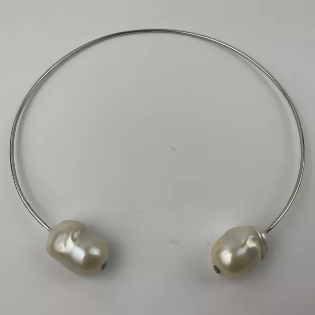 GENUINE LARGE BAROQUE Pearl End Sterling Silver Wire Choker Necklace ...