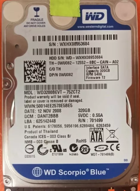 ⭐️⭐️⭐️⭐️⭐️ HDD Hard Drive SATA Laptop 2.5" WD3200BEVT-75ZCT2 320GB WU082