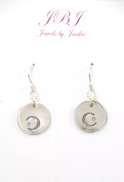 Sterling Silver Stamped .925 Moon Stars Celestial Pendant Antiqued Earrings 1"