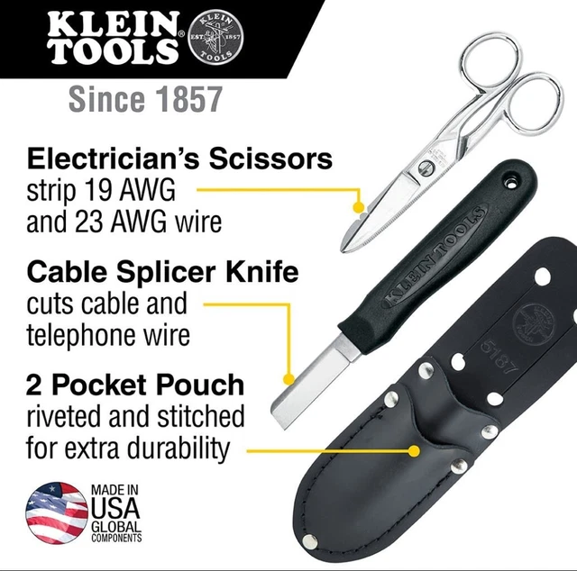 Klein Tools 3pc Electrician's Leather Belt Holster w/ Snips & Knife P/N 46037