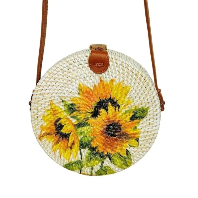 Wicker Straw Round Rattan & Strap Leather Sunflower Crossbody Shoulder Bag Purse