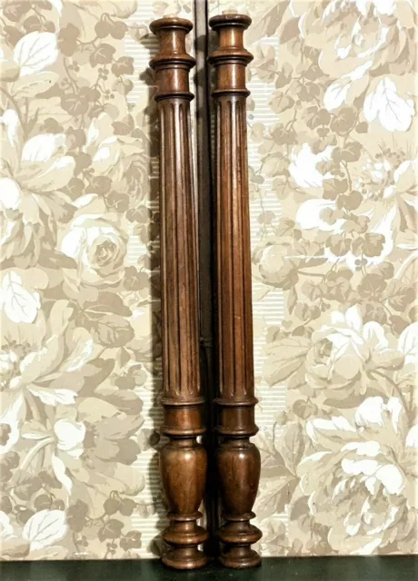 Pair baluster groove wood turned column Antique french architectural salvage 27"