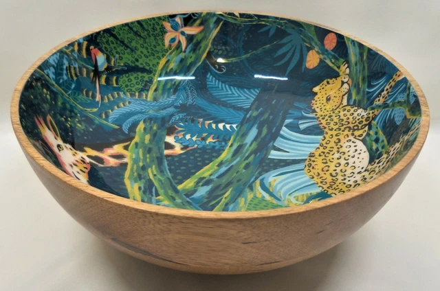 Opal House Mango Wood Footed Bowl Lacquered Resin Interior Jungle Scene India