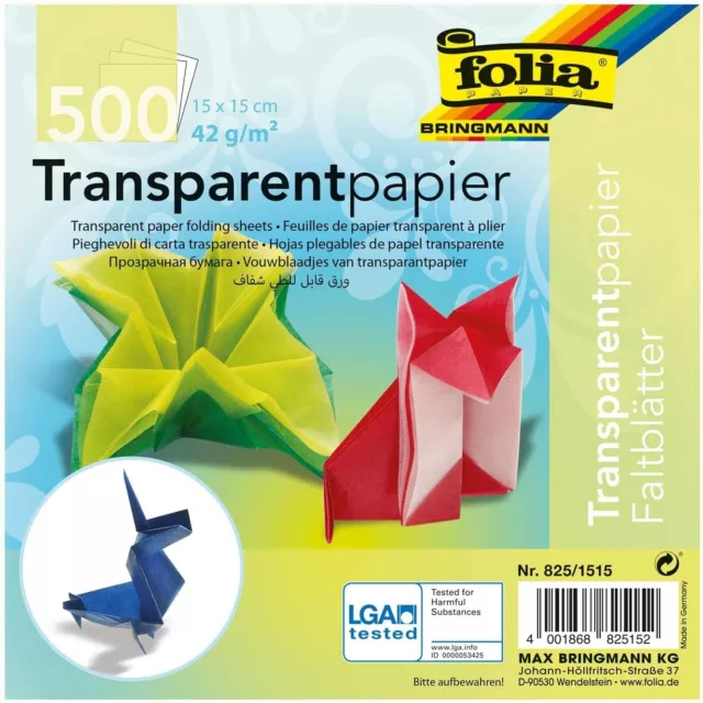 folia Faltblätter Transparentpapier 15x15cm 42g/m² 500 Blatt in 10 Farben #.0026