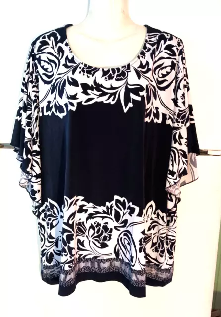 Allison Daley Black & White Floral  Flutter Sleeve Liquid Knit Top Plus Size 3X