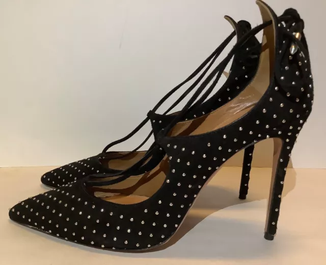 Aquazzura Firenze Christy Black Suede Silver Studded Tie Heels IT 38.5 US 8