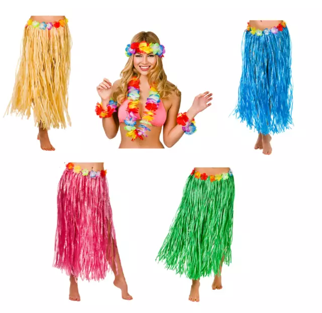 Ladies Hawaiian Hula 80cm Skirt And 4 Piece Lei Set Fancy Dress Costume Kit