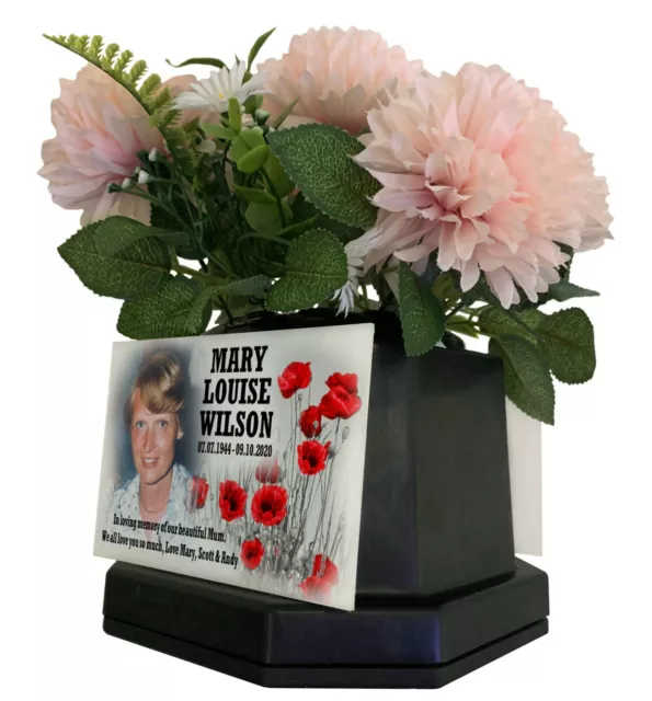 Vaso di fiori lato tomba, targa fotografica personalizzata, porta fiori commemorativi.