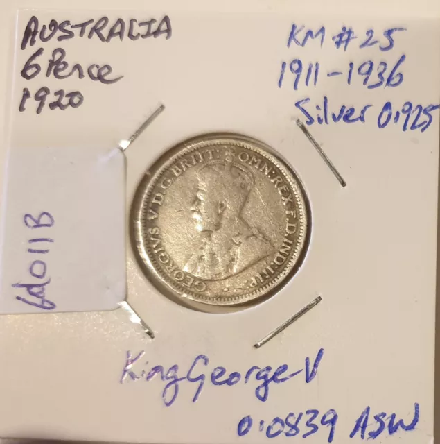 1920 Australia 6 pence KM#25 silver. King George V, Coat of Arms (A6d011B)