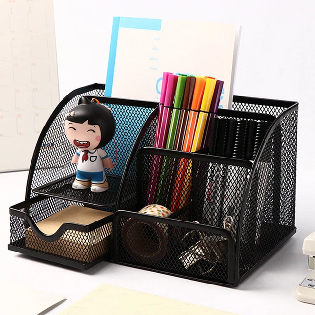 Office Desk Organizer Mesh Desktop Supplies Pen Holder w/ 6 Compartments 1Drawer
