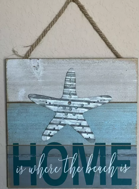 Home Is Where The Beach Is Coastal Decor Wall Sign 3D Metal Starfish Blue Gray