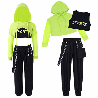 Kid Girls Athletic Outfit Jazz Dance Costume Hooded Net Cover Up Tops+Vest+Pants