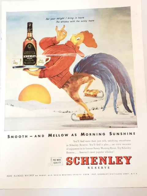 1947 Schenley Reserve Whiskey Rooster on Ice Skates Magazine Original Print Ad