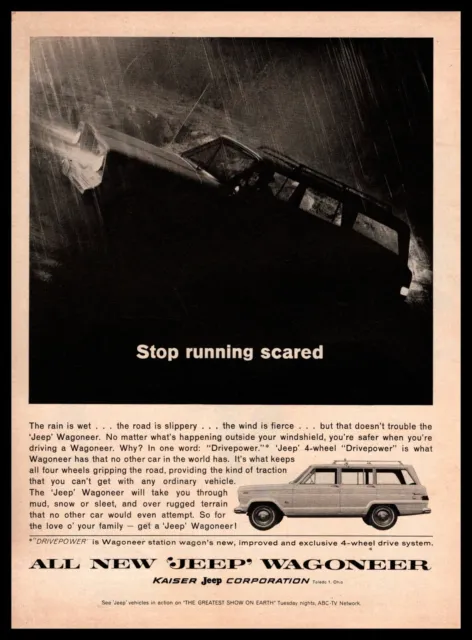 1964 Jeep Wagoneer 4-Wheel Drive 4x4 "Stop Running Scared" Bad Weather Print Ad