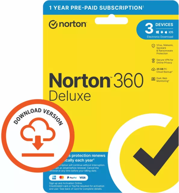 Norton 360 Deluxe 2025 3 Geräte 1 Jahr + sicheres VPN Internetsicherheit 5 Minuten E-Mail 2