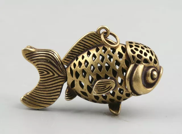 2" Curio Chinese Bronze Animal Fish Hollow Out Small Goldfish Statue Pendant
