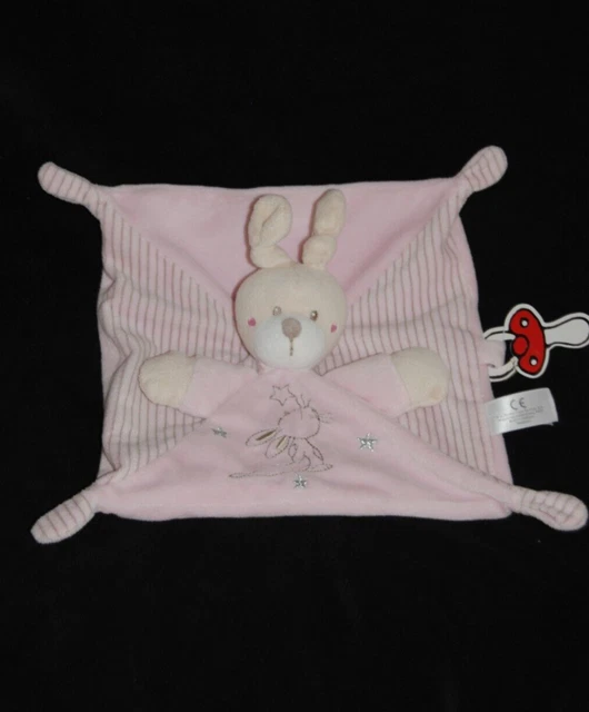 Doudou lapin plat rose étoile argent SIMBA NICOTOY KIABI attache tétine TTBE
