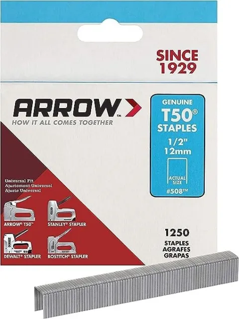 ARROW 508 Genuine T50 1/2-Inch Staples Upholstery Construction Crafts 1250-Pack