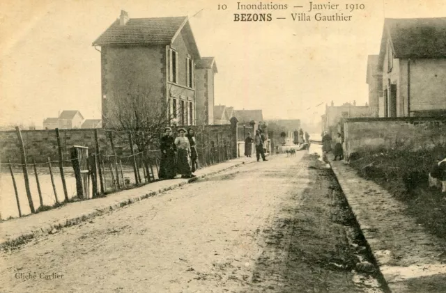 Carte BEZONS Inondations Janvier 1910 Villa Gauthier Cochon en liberté sur rue