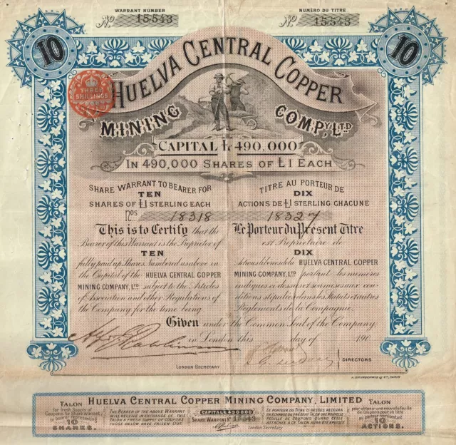 SPAIN HUELVA CENTRAL COPPER stock certificate 1902  10SH