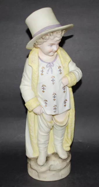 Antique 13” Unsigned German Bisque Boy in Top Hat, High Boots & Great Coat.