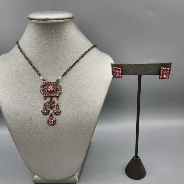 Art Deco Revival Pink Crystal Sautoir Chatelaine Necklace & Clip Earrings