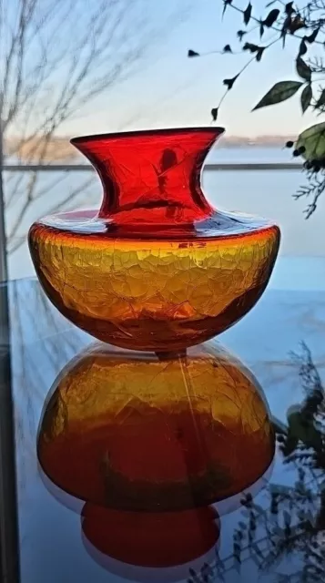 Blenko? Art Glass Vase Hand Blown MCM Amberina Orange/Red 5.5"T X 6.75" W-VTG