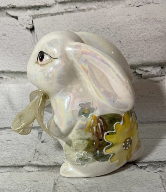 VTG BUNNY RABBIT Hand Painted Figurine Iridescent Yellow Flowers Luster