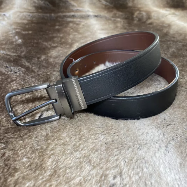 Dockers Belt Mens 38/95 Black Brown Leather Reversible Silver Tone Buckle