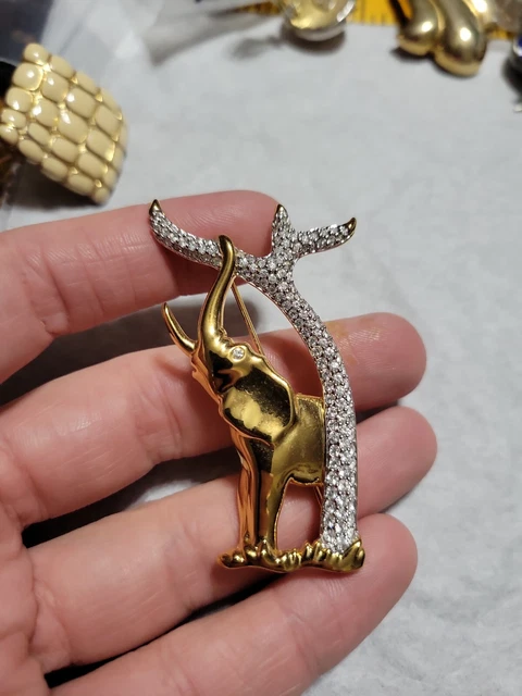Gold Plated Swarovski SCS Pave Crystals  Elephant And Tree Brooch