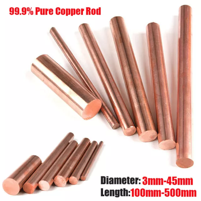 Pure Copper Round Solid Rod 99.9% Cu Bar 3mm - 45mm Dia 100mm to 500mm Length