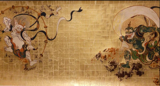 Japanese Antique Vintage FUJIN RAIJIN Wind God and Thunder God Hanging Scroll