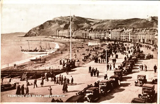 Promenade And Beach Aberystwyth postcard monochrome printed Wales