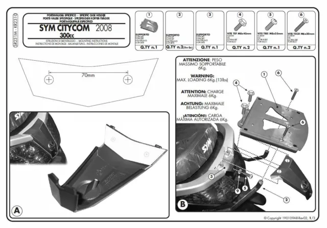 SR231M GIVI ATTACCO per BAULE MONOLOCK per SYM Citycom 300 2008 - 2019