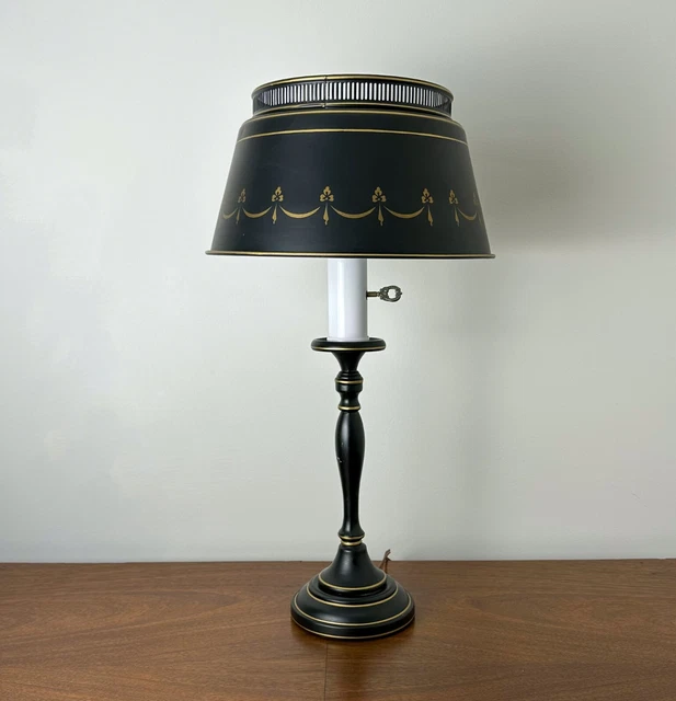 Vintage Toleware Style Table Lamp, Black Metal Shade, Hand-Painted Gold Ornate