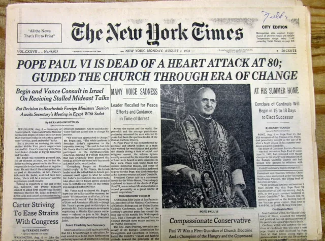 1978 NY Times newspaper announces the DEATH of POPE PAUL VI from a heart attack