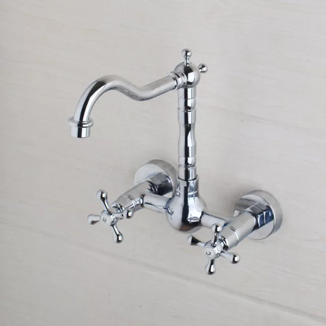 Chrome Wall Mount Brass Bathroom Faucet Dual Cross Handles Basin Sink Mixer Tap