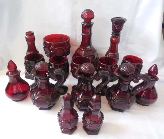 Vintage Avon 1876 Cape Cod Ruby Red Glass Set + Red Bell