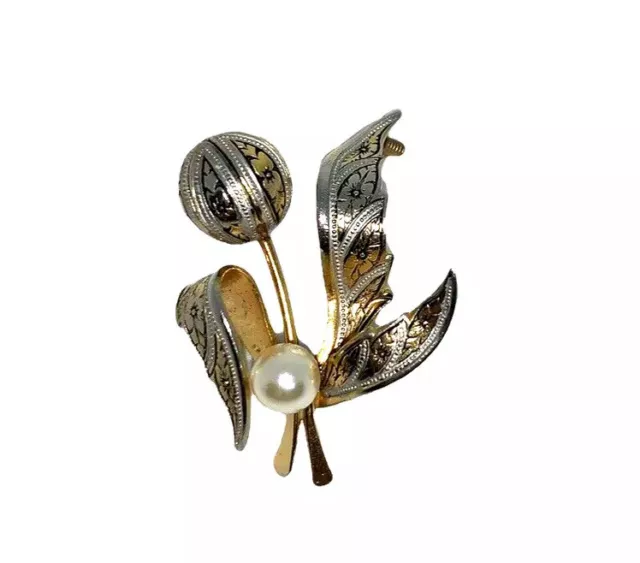 Vintage Brooch Damascene Flower Faux Pearl Gold and Silver Tone Unsigned Pin