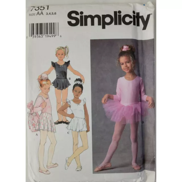Simplicity 7351 Pattern Girls Dance Apparel Tutu Leotard Skirt Bag Size 3 4 5 6