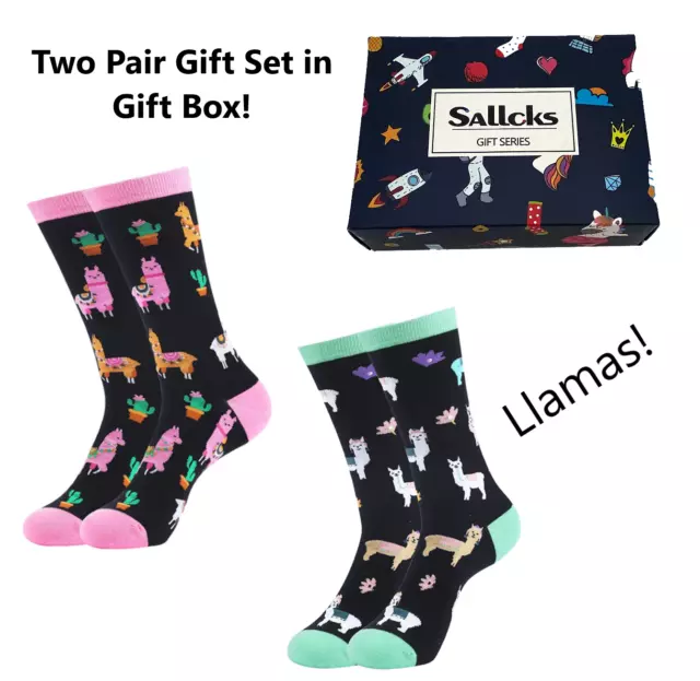 Girls or Womens Novelty Llama Crew Socks-2 pairs Gift Boxed Set-New-Funky Casual