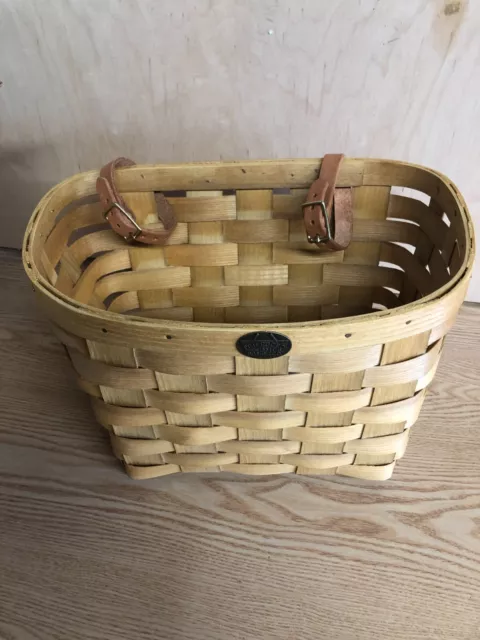 Vtg Peterboro Basket Co. Bike handlebar Woven Basket with  Leather Strap