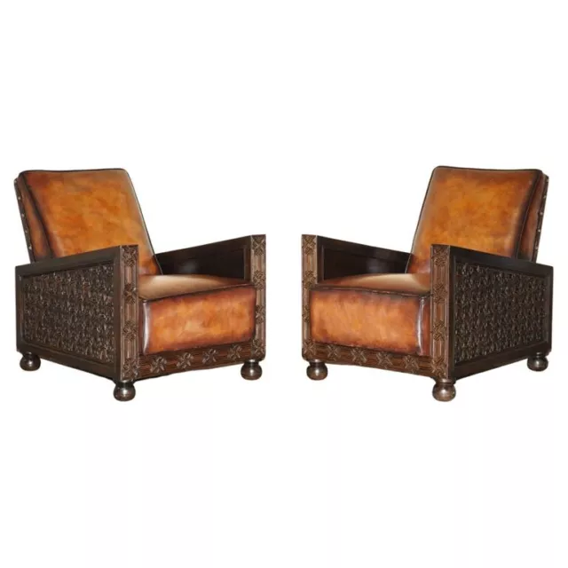 Fine Pair Of Fully Restored Antique Art Deco Armchairs Hand Carved Carved Panels