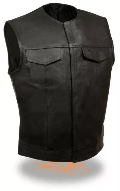 Mens Collarless SOA Leather Vest w/ Inside Gun & Drop Pocket Club Cut Patch Vest