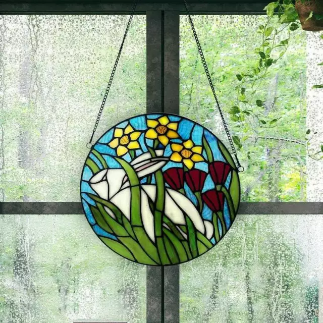 White Bunny in The Gardern Stained Glass Tiffany Style Suncatcher 11in