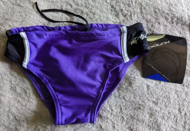 VINTAGE DOLFIN LYCRA Swim Briefs Mens 28 Swimsuit Purple Black NWT NOS ...