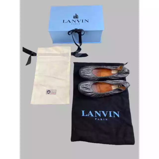 Lanvin Paris Lambskin Ballerina Flats Silver Metallic Womens 39.5 Box & Dustbags