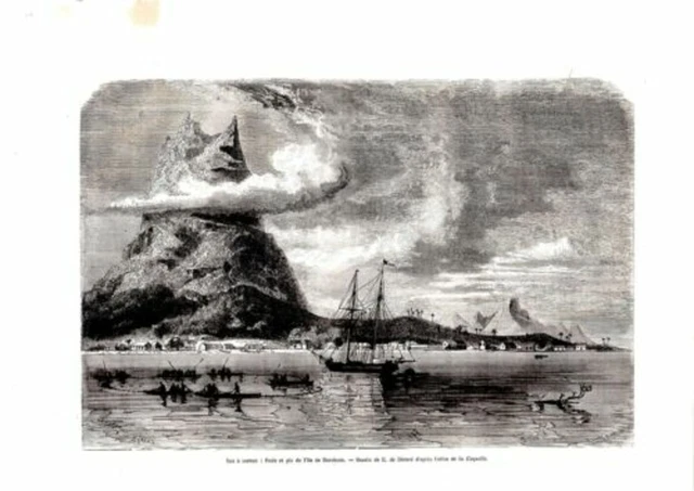 GRAVURE SUR BOIS 19ème ILES A CORAUX RADE ET PIC ILE DE BORABORA POLYNESIE
