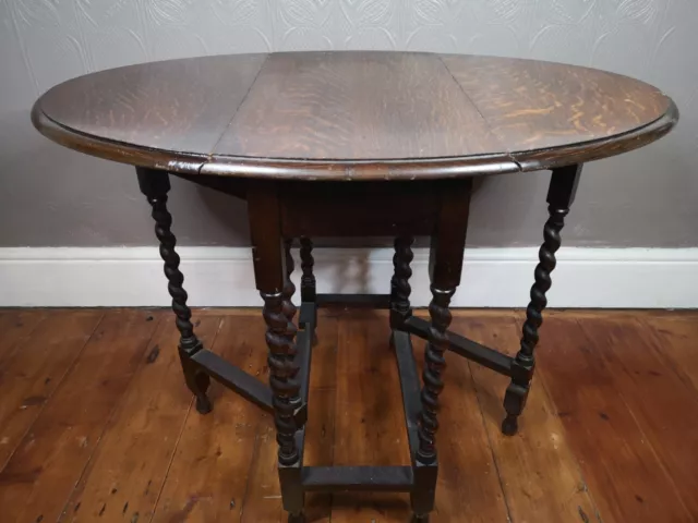 Small Cute Drop Leaf Oval Gate Leg Oak Wooden Table With Barley Twist Legs