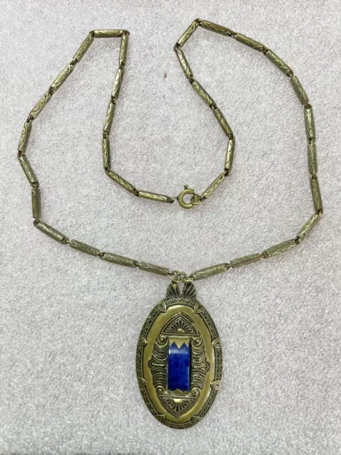 Vintage Art Deco 1920s Sunrise Detail Link Chain Lapis Lazuli Pendant Gold Tone